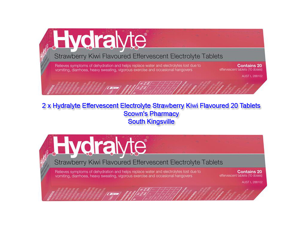 2 x Hydralyte Effervescent Electrolyte Strawberry Kiwi Flavoured 20 Tablets