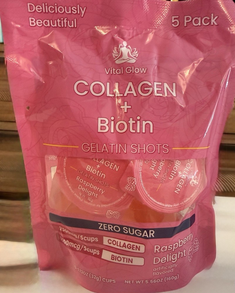 Vital Glow Collagen + Biotin Gelatin Shots 5 Pack Raspberry Delight Zero Sugar