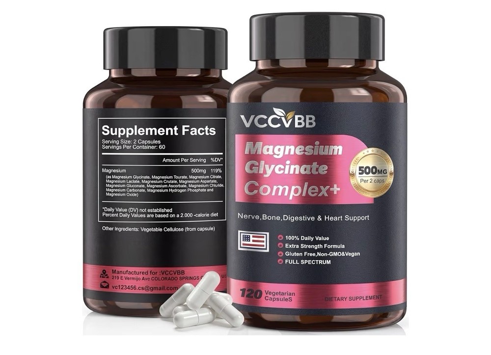 VCCVBB Magnesium Glycinate Complex+ 500mg 120 Caps Vegan Non-GMO Gluten-Free