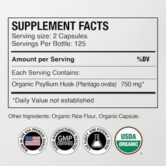 Organic Psyllium Husk Capsules 750 mg, Natural Fiber Supplement for Gut