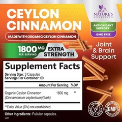 Organic Ceylon Cinnamon Capsules – Extra Strength 180 Count (Pack of 1)