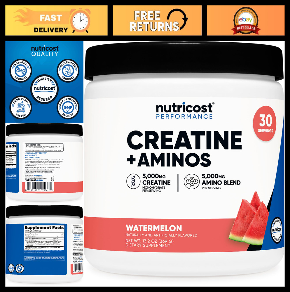 Creatine Monohydrate & BCAA Amino Blend – Watermelon Flavor, 30 Servings, Gluten