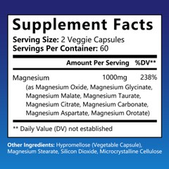 Magnesium Complex 1000mg, 8 Elemental Magnesium, Gluten Free- Non-GMO