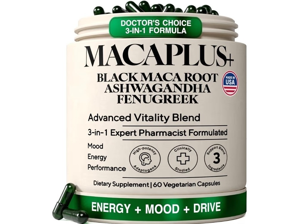 MACAPLUS+ Black Maca Root Ashwagandha Fenugreek Supplement 60 Veg Capsules