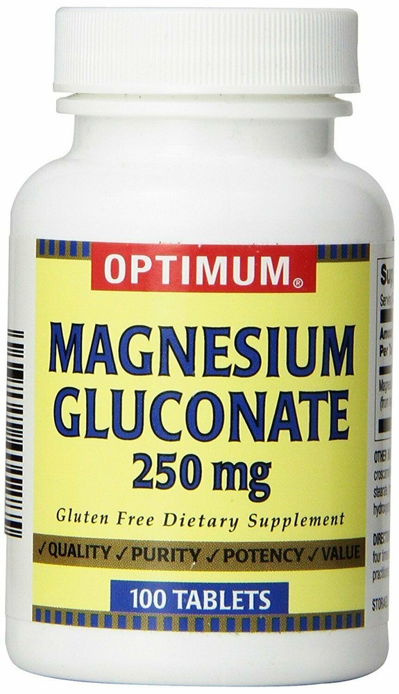 Optimum Magnesium Gluconate Tablets Gluten-Free Dietary Supplement 250mg 100 Ct