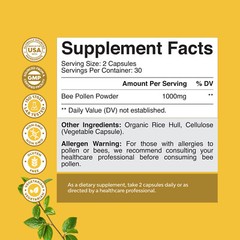 Bee Pollen Supplement 1000mg per Serving – Pure Vegetarian Gluten-Free 60ct