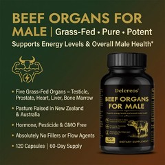 Grass Fed Beef Organs Capsules For Men 120 Count Dietary Supplement GMO Free