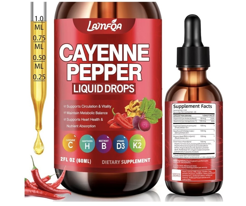 LunfQA Cayenne Pepper Liquid Drops w/ D3 K2 Hawthorn Beet Non-GMO 2 fl oz