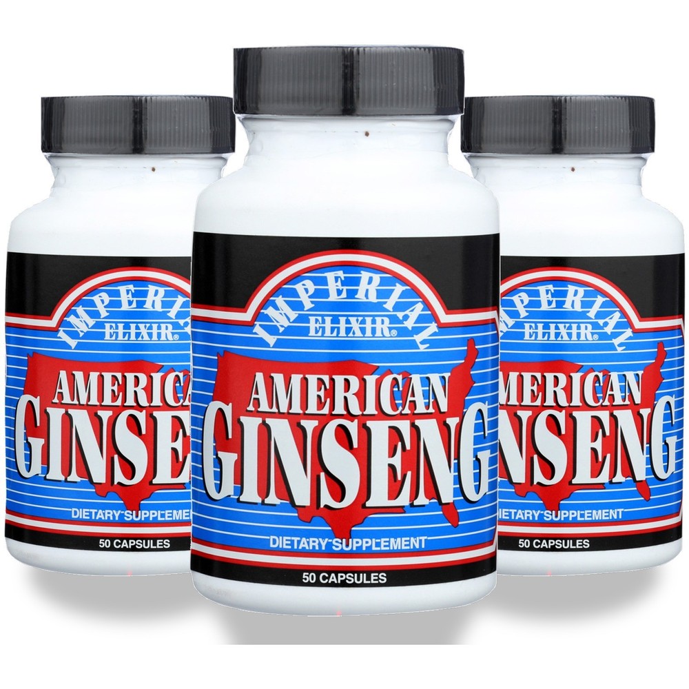 Imperial Elixir American Ginseng Capsules 50 Count Powder 2 Rice 3 Pack