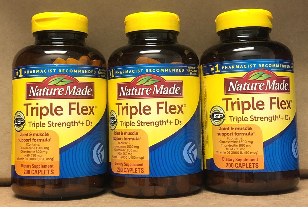 3 Bottles Nature Made Triple Flex Triple Strength + D3, 200 Caplets Each