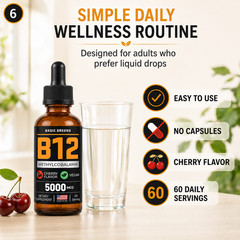 BASIC GREENS B12 Liquid Drops 5000mcg Sublingual Methylcobalamin Vegan 2oz