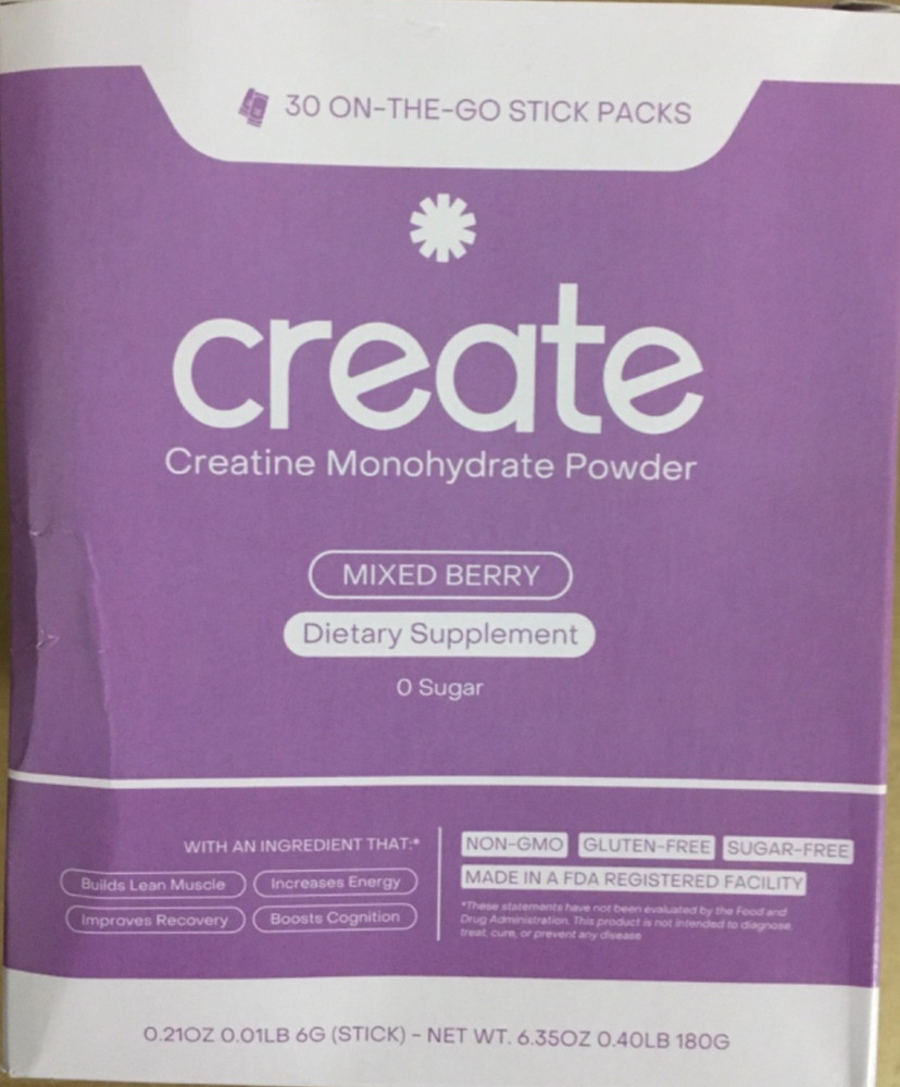 Create Creatine Monohydrate 30 On-The-Go Stick Packs Mixed Berry Exp 8/27