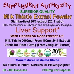 Milk Thistle Extract Powder Capsules with Dandelion Root Extract – 80% Silymarin
