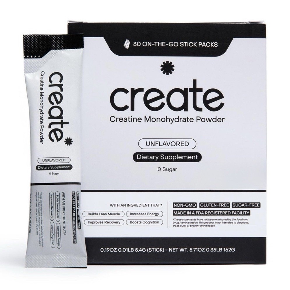 Create Creatine Monohydrate Powder Unflavored 5g Sugar-Free Vegan 30 Packs